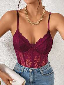 Allurite Sexy And Elegant Lace See-Through Splicing Net Fabric Three-Dimensional Stripe Wave Christmas Women's Bodysuit - Burgundy - View 8