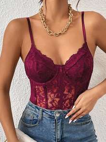 Allurite Sexy And Elegant Lace See-Through Splicing Net Fabric Three-Dimensional Stripe Wave Christmas Women's Bodysuit - Burgundy - View 7