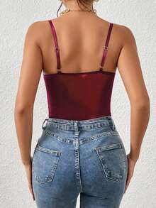 Allurite Sexy And Elegant Lace See-Through Splicing Net Fabric Three-Dimensional Stripe Wave Christmas Women's Bodysuit - Burgundy - View 3
