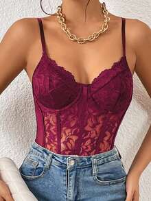 Allurite Sexy And Elegant Lace See-Through Splicing Net Fabric Three-Dimensional Stripe Wave Christmas Women's Bodysuit - Burgundy - View 6