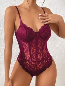 Allurite Sexy And Elegant Lace See-Through Splicing Net Fabric Three-Dimensional Stripe Wave Christmas Women's Bodysuit - Burgundy - View 5