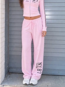 MISSGUIDED TEEN Wide Leg Jogger Sweatpants With NY 87 Iconic Only Graphic Print, Drawstring Elastic Waist, Relaxed Fit Lounge Trousers - Pink - View 6
