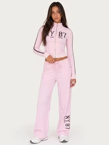 MISSGUIDED TEEN Wide Leg Jogger Sweatpants With NY 87 Iconic Only Graphic Print, Drawstring Elastic Waist, Relaxed Fit Lounge Trousers - Pink - View 3