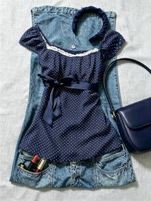 IslaSuriya Plus Size Women's Navy Blue Polka Dot Square Neck Petal Sleeve Blouse - Blue - View 1