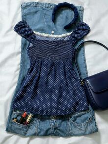 IslaSuriya Plus Size Women's Navy Blue Polka Dot Square Neck Petal Sleeve Blouse - Blue - View 2