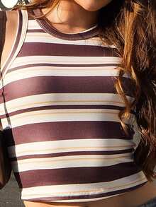 Vivi Wanderley Women's Fitted Brown & White Striped Camisole For Summer Outfit - Brown - View 4