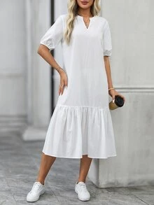 EMERY ROSE Women's Solid Color Notched V-Neck Petal Sleeve Casual Long Dress - White - View 8