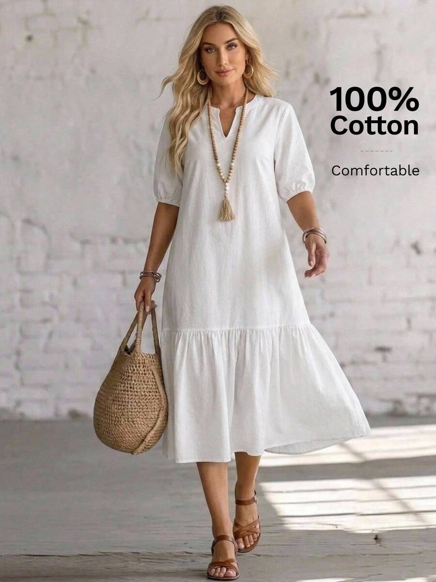 EMERY ROSE Women's Solid Color Notched V-Neck Petal Sleeve Casual Long Dress - White - View 1