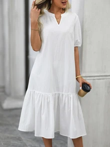 EMERY ROSE Women's Solid Color Notched V-Neck Petal Sleeve Casual Long Dress - White - View 7
