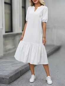 EMERY ROSE Women's Solid Color Notched V-Neck Petal Sleeve Casual Long Dress - White - View 5