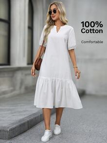 EMERY ROSE Women's Solid Color Notched V-Neck Petal Sleeve Casual Long Dress - White - View 3