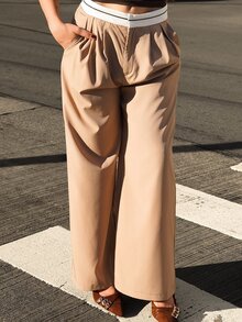 Vivi Wanderley Contrast Color Pocket Casual Suit Wide-Leg Pants In Fall/Winter - Khaki - View 3