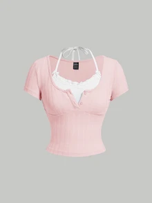 SHEIN MOD Kawaii Ballet Bow Lace Trim Short Sleeve 2 In 1 T-Shirt Summer Women Pink Tops - Baby Pink - View 3