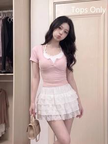 SHEIN MOD Kawaii Ballet Bow Lace Trim Short Sleeve 2 In 1 T-Shirt Summer Women Pink Tops - Baby Pink - View 1