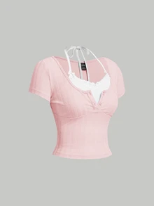 SHEIN MOD Kawaii Ballet Bow Lace Trim Short Sleeve 2 In 1 T-Shirt Summer Women Pink Tops - Baby Pink - View 5