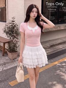 SHEIN MOD Kawaii Ballet Bow Lace Trim Short Sleeve 2 In 1 T-Shirt Summer Women Pink Tops - Baby Pink - View 2