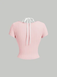 SHEIN MOD Kawaii Ballet Bow Lace Trim Short Sleeve 2 In 1 T-Shirt Summer Women Pink Tops - Baby Pink - View 4