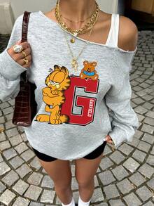 Muchica GARFIELD | SHEIN 女款卡通印花不對稱肩長袖衛衣，適合外出、街頭穿搭、機場造型 - 灰色 - 查看 5