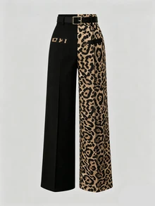 GlowEve CURVE Plus-Size Women's Spring And Autumn Minimalist Fashion Business Black-And-White Color-Blocked Leopard Print Patchwork Belted Straight-Leg Trousers. - Multicolor - View 5