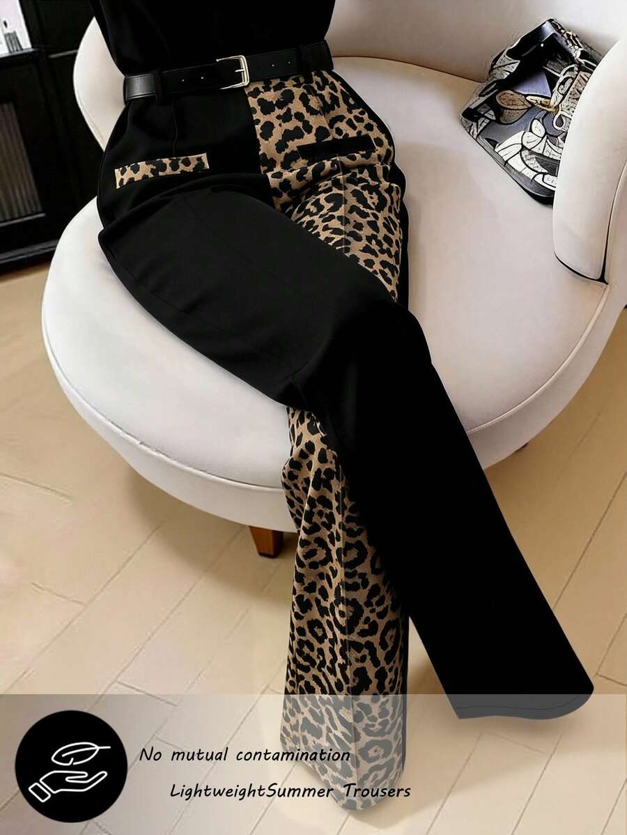 GlowEve CURVE Plus-Size Women's Spring And Autumn Minimalist Fashion Business Black-And-White Color-Blocked Leopard Print Patchwork Belted Straight-Leg Trousers. - Multicolor - View 1