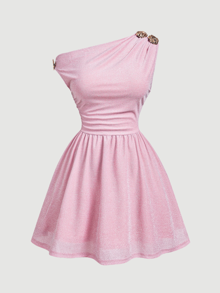 SHEIN MOD Plus Size Women's Asymmetric Shoulder Mini Dress, 1920s Summer Party Birthday Metal Flower Decor, Fitted Waist, Graduation, Wedding Guest,Pink ,Sequin - Pink - View 2