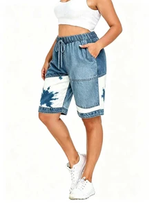 EMERY ROSE Plus Size Women's Letter Print Faux Denim Waist Tie Shorts - Multicolor - View 4