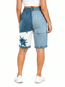 EMERY ROSE Plus Size Women's Letter Print Faux Denim Waist Tie Shorts - Multicolor - View 3
