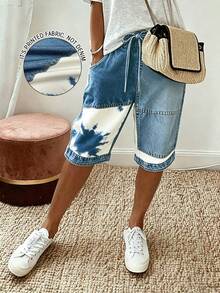 EMERY ROSE Plus Size Women's Letter Print Faux Denim Waist Tie Shorts - Multicolor - View 1