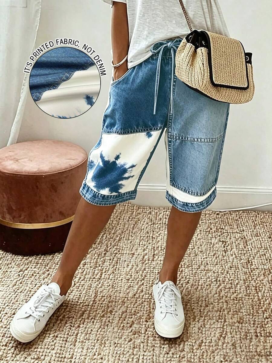 EMERY ROSE Plus Size Women's Letter Print Faux Denim Waist Tie Shorts - Multicolor - View 1