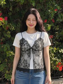 SHEIN MOD 女款大尺碼拼色蕾絲前綁帶短袖時尚T恤，基本款上衣，假分層設計，優雅基本襯衫，返校季 - 黑與白 - 查看 3