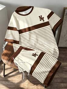 Manfinity Homme Men Striped T-Shirt And Shorts Set, NY Letter Print, Crew Neck, Short Sleeve, Drawstring Waist, Casual Daily Outfit For Men And Women, Summer - Multicolor - View 4