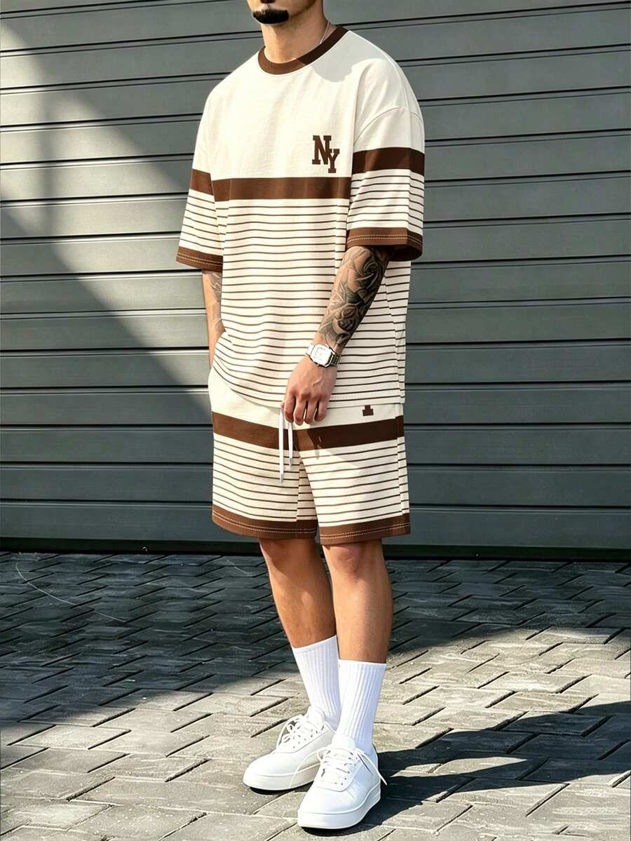 Manfinity Homme Men Striped T-Shirt And Shorts Set, NY Letter Print, Crew Neck, Short Sleeve, Drawstring Waist, Casual Daily Outfit For Men And Women, Summer - Multicolor - View 1