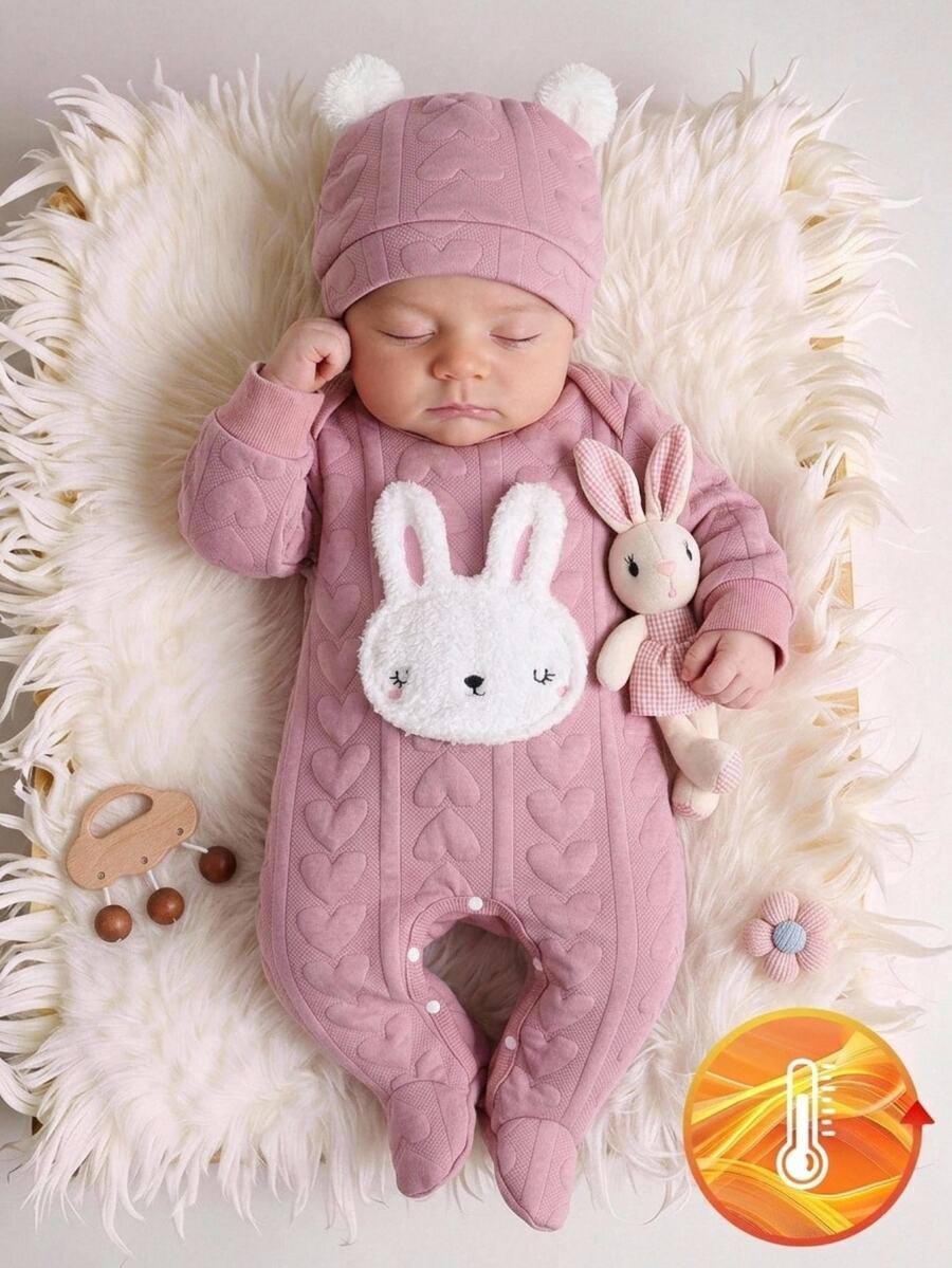 新生兒深粉色愛心提花長袖連身衣搭配白色毛絨耳朵帽套裝,可愛兔子圖案,厚實保暖秋冬節日套裝 - 藕粉色 - 查看 1