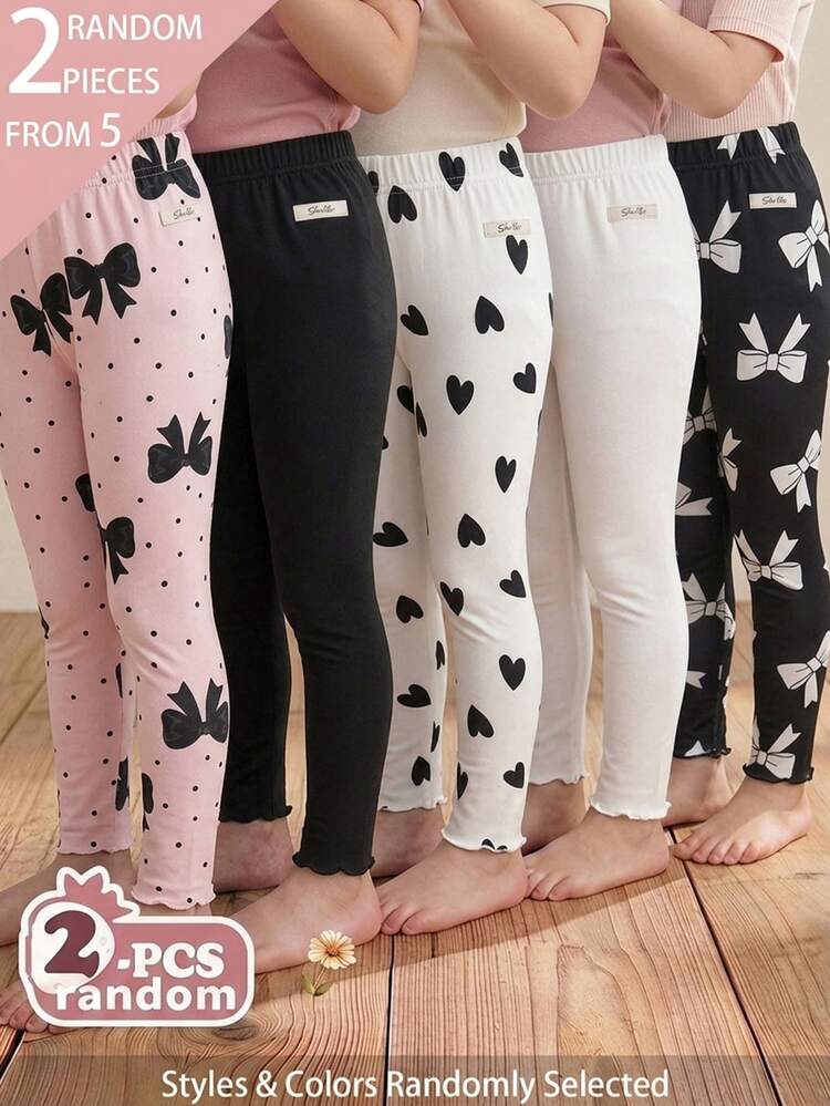 Souflis Souflis 5pcs Randomly Sent 2pcs Spring Summer All Season Girls Heart Bow Sweet Cute Versatile Soft Comfortable Ribbed Ribbed Knit Leggings - Multicolor - View 5