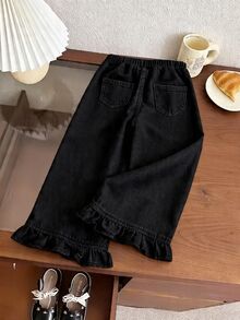 SHEIN Girls' Casual Soft Cotton Denim Jeans, Elastic Waist, Flared Hem, Relaxed Fit, Suitable For Daily Wear And Vacation, Black & Grey Washed - Dark Grey - View 2
