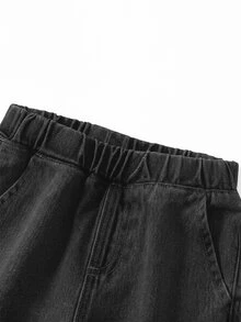 SHEIN Girls' Casual Soft Cotton Denim Jeans, Elastic Waist, Flared Hem, Relaxed Fit, Suitable For Daily Wear And Vacation, Black & Grey Washed - Dark Grey - View 5