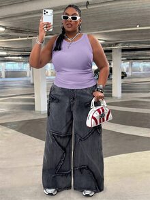 SHEIN CURVE+ 女款大尺碼休閒基礎修身白色圓領露肩背心，舒適面料，適合夏季 - 紫丁香色 - 查看 8