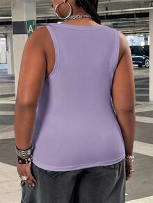 SHEIN CURVE+ 女款大尺碼休閒基礎修身白色圓領露肩背心，舒適面料，適合夏季 - 紫丁香色 - 查看 2