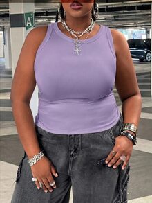 SHEIN CURVE+ 女款大尺碼休閒基礎修身白色圓領露肩背心，舒適面料，適合夏季 - 紫丁香色 - 查看 6