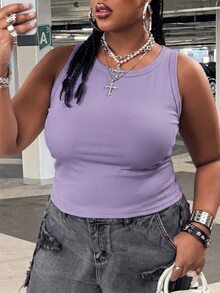 SHEIN CURVE+ 女款大尺碼休閒基礎修身白色圓領露肩背心，舒適面料，適合夏季 - 紫丁香色 - 查看 9