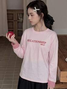 SHEIN 青少年女孩印花圓領長袖紅白條紋袖口T恤 - 粉色 - 查看 3