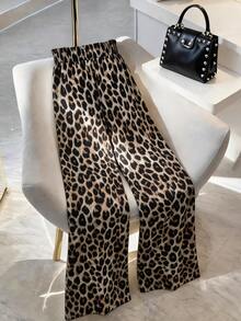 SHEIN PETITE CURVE Plus Size Women's Fashion Casual Vacation Style Leopard Print Long Pants With Bow Tie Suitable For Spring And Summer - Multicolor - View 3