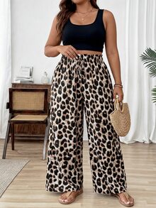 SHEIN PETITE CURVE Plus Size Women's Fashion Casual Vacation Style Leopard Print Long Pants With Bow Tie Suitable For Spring And Summer - Multicolor - View 5