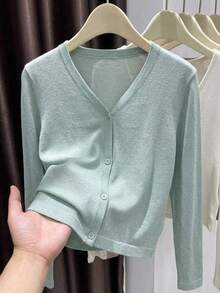 SHEIN Tween女孩薄荷綠修身V領長袖休閒秋季針織開襟衫 - 薄荷綠 - 查看 2