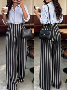GlowEve CURVE Plus Size Women's Fashion Commuter Business Striped Print Straight Leg Wide Leg Pants Suitable For Spring Summer Autumn - Multicolor - View 7