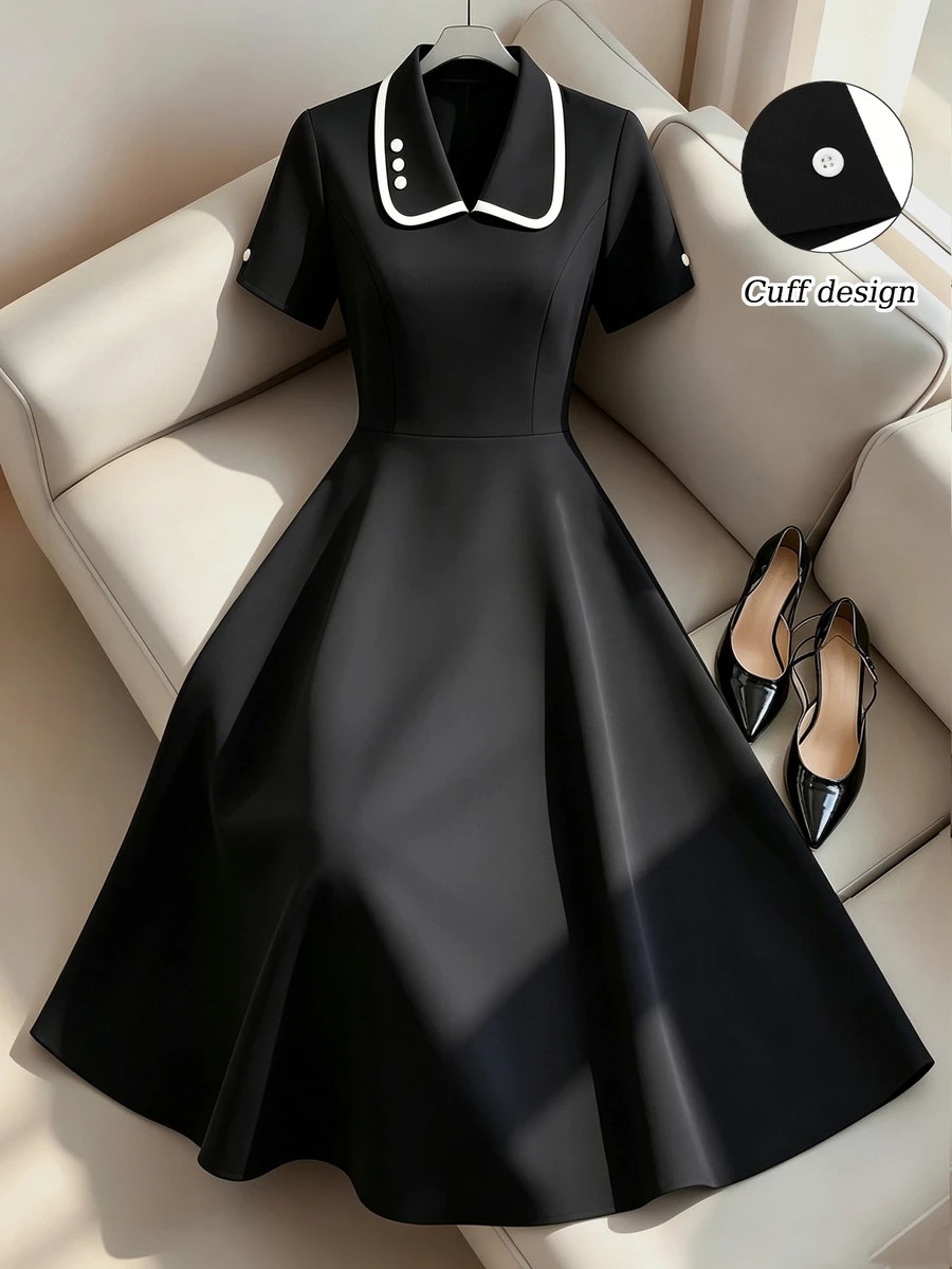 GlowEve CURVE Plus Size Women's Piped Button Design Short Sleeve Elegant Dress - Black - View 1