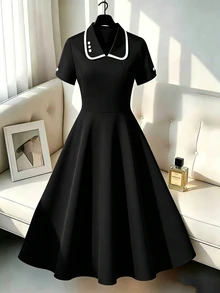 GlowEve CURVE Plus Size Women's Piped Button Design Short Sleeve Elegant Dress - Black - View 3