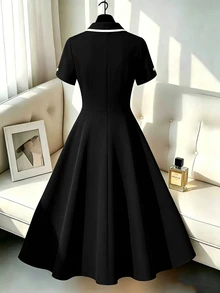 GlowEve CURVE Plus Size Women's Piped Button Design Short Sleeve Elegant Dress - Black - View 2