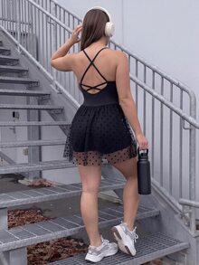 SHEIN Dewbera 女款大尺碼提花網布拼接細肩帶運動洋裝 - 彩色 - 查看 1