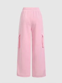 SHEIN 青少年女孩粉色針織工裝口袋寬鬆休閒運動長褲/秋季、Y2K、萬聖節、冬季、秋天、粉色 - 淺粉色 - 查看 5